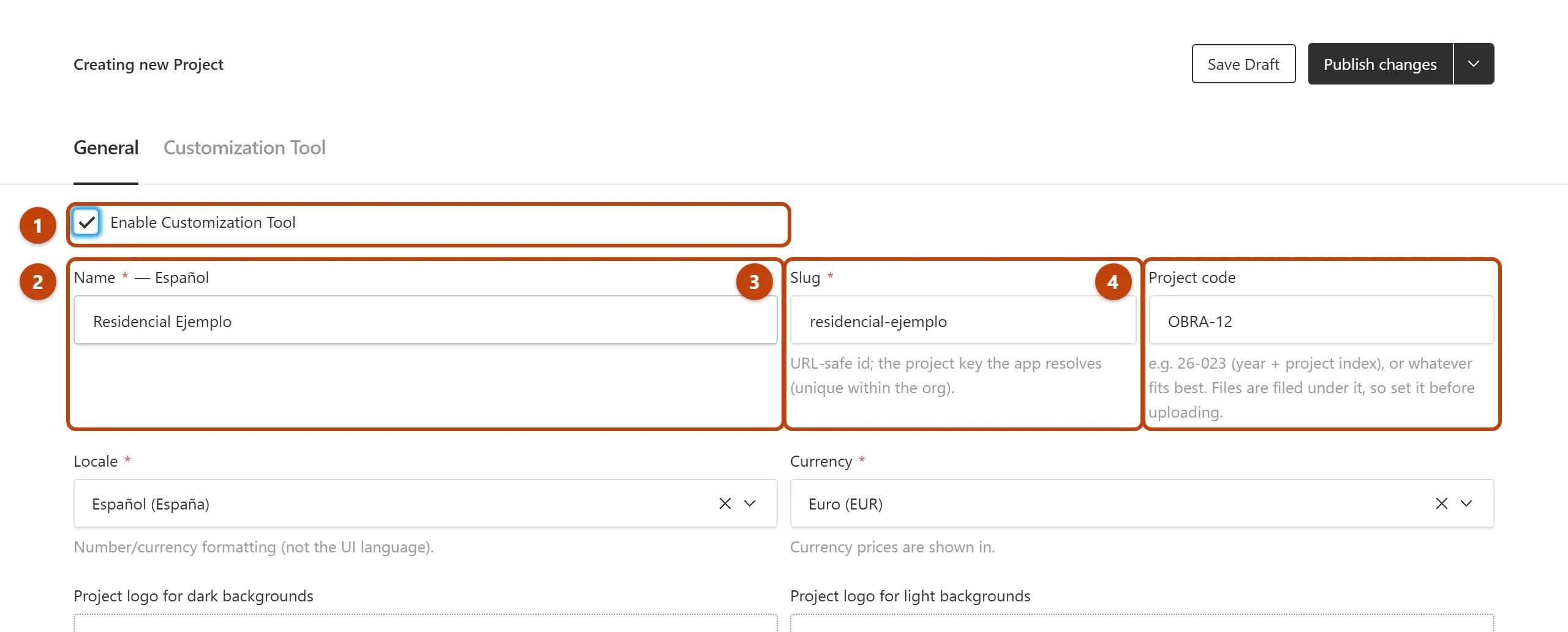 Pestaña General de un proyecto nuevo, con la casilla del configurador, el nombre, el slug y el código señalados.