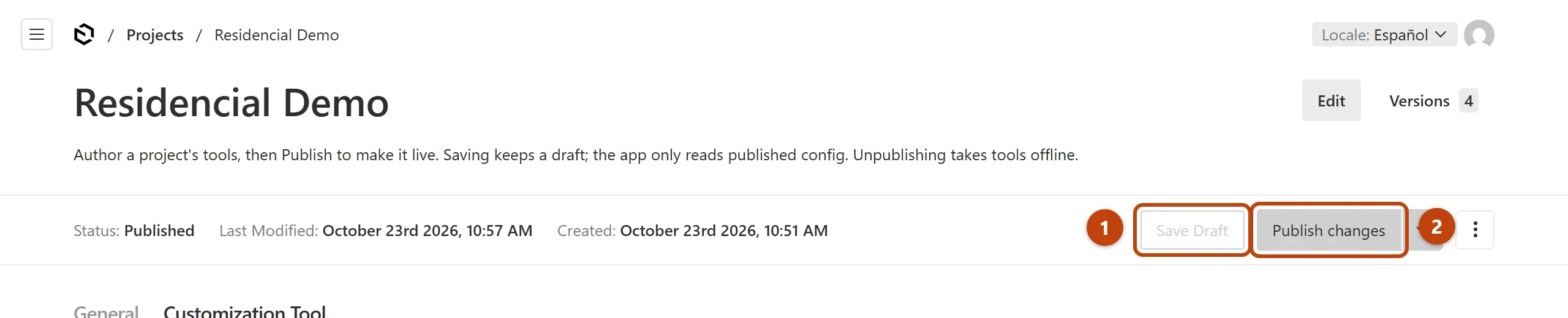 La cabecera del proyecto con los botones Save Draft y Publish changes señalados.